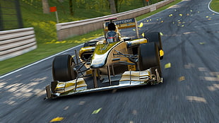 black and yellow F1 racing car, car
