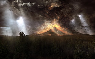 volcano eruption digital wallpaper, artwork, forest, volcano HD wallpaper