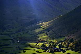 aerial photoghraphy of plains, sun rays, farm, mountains, landscape HD wallpaper