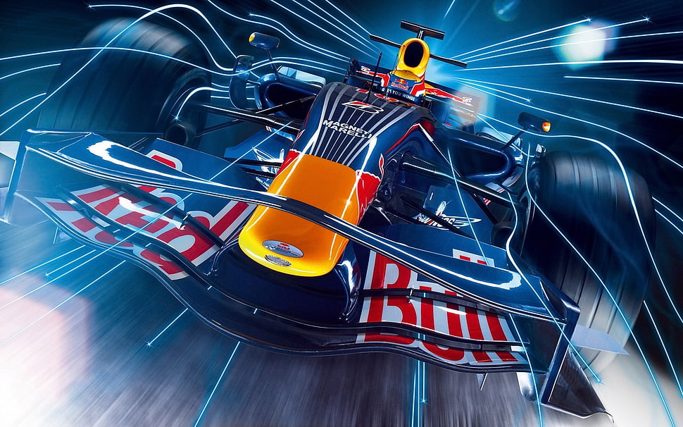 timelapse photography of blue, yellow, and red formula 1 HD wallpaper