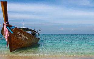 brown wooden boat, boat, sea