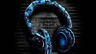 blue and black headphones, music, headphones