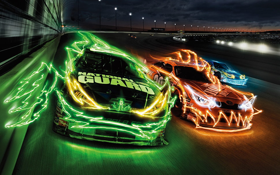 three racing car with effects wallpaper, car HD wallpaper