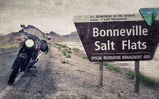 black cruiser motorcycle, landscape, USA, Utah, signs