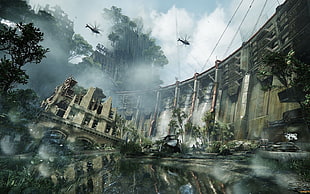 destroyed buildings and helicopter art, apocalyptic, city, Crysis, Crysis 3