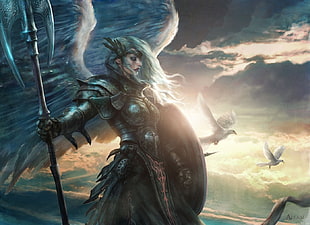 Valkyrie holding shield and spear and two white doves HD wallpaper