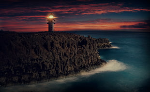 lighthouse on cliff painting, lighthouse, rock HD wallpaper