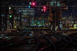 city, city lights, railway, rail yard