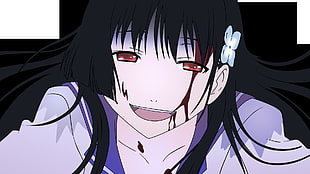 black haired female anime character with blood on her face