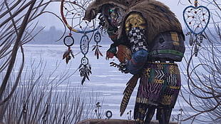 man wearing brown and blue fur clothes with dream catcher