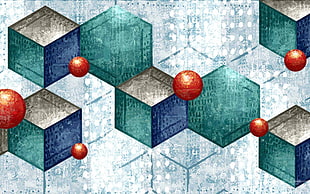 three green, red, and blue metal decors, cube, hexagon, geometry