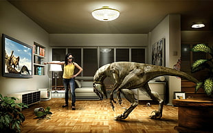 gray dinosaur illustratio in front of woman