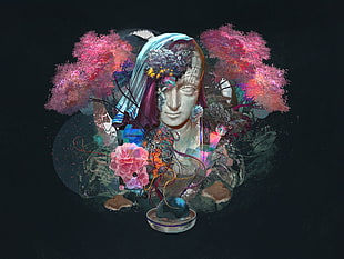 maroon haired man illustration, digital art, colorful, pink flowers, black background
