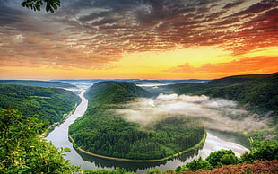 brown and green wooden table, river, forest, sunset