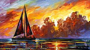 black and red sailboat on water painting