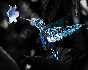 blue and white hummingbird figure, machine, digital art, selective coloring, birds