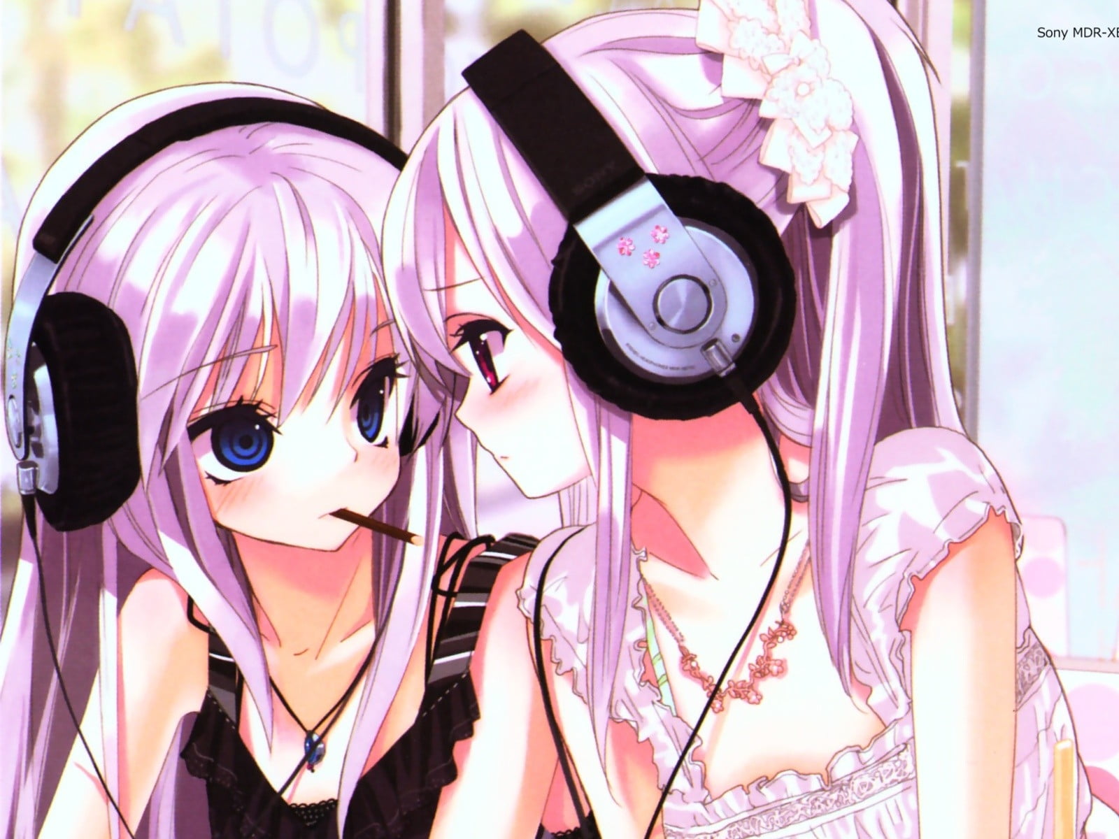 anime girl with purple hair and headphones