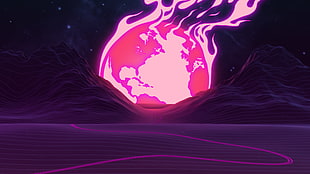 burning earth artwork, Sun, mountains, Tek Syndicate HD wallpaper