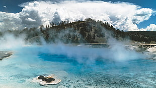 blue lagoon, clouds, mist, Yellowstone National Park, spring HD wallpaper