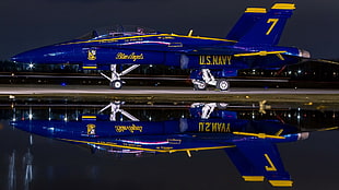 blue and yellow U.S. Navy jet plane, Blue Angels, United States Navy, F/A-18B