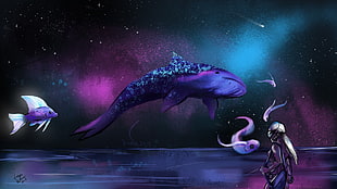 under the sea themed wallpaper, space, fish, whale, sea