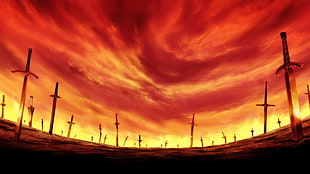 sword on the ground with red sky, sword, fantasy art, sky