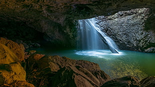 brown cave, landscape, water HD wallpaper