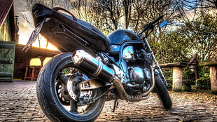 black naked motorcycle, Suzuki, motorcycle, HDR, tonemapping