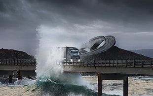 gray freight truck, landscape, sea, bridge, trucks