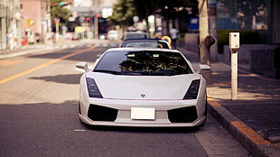 photograph of white Lamborghini sports car parked on roadside at daytime