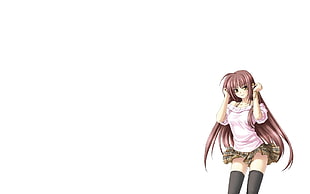 anime girl character with brown hair wearing pink scoop-neck top