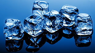 clear ice cubes, ice cubes, ice, water, blue