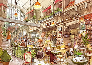 people in library cafe illustration, cafes, people HD wallpaper