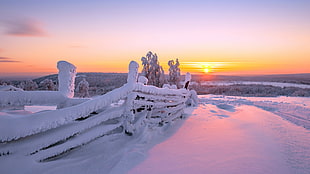 fence covered in snow during sunset