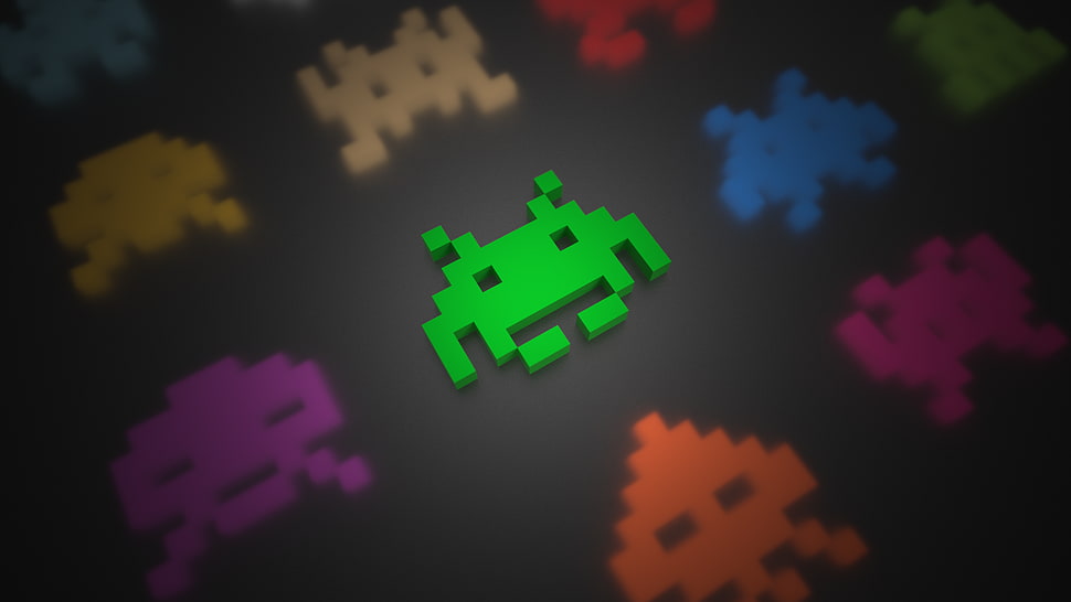 green game application, voxels, Space Invaders, video games, colorful HD wallpaper