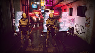 two male character with weapons digital wallpaper, cyberpunk, futuristic