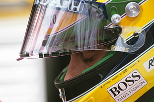 yellow and black Boss full-face helmet, Ayrton Senna, Formula 1, sports, closed eyes HD wallpaper