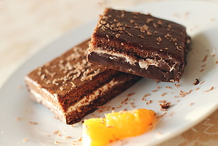 two square brownies, Cake, Dessert, Chocolate