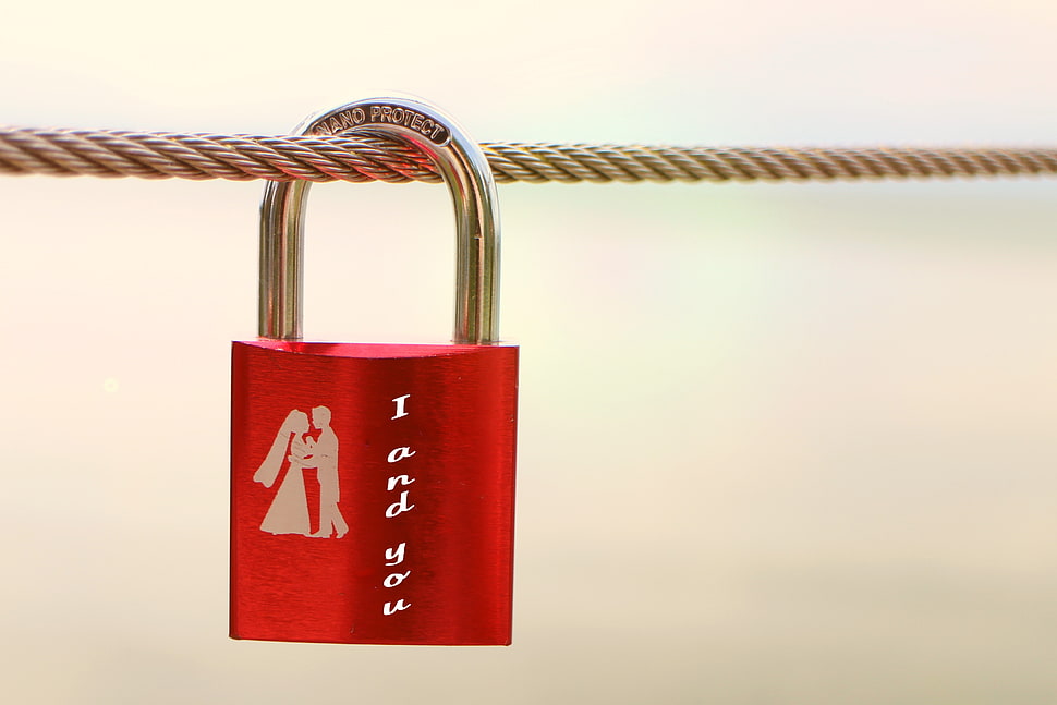 red and gray couple pad lock on brown rope HD wallpaper