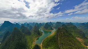 green mountains, landscape, China, Guilin, river