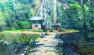 animated temple surrounded with trees near body of water 3D wallpaper
