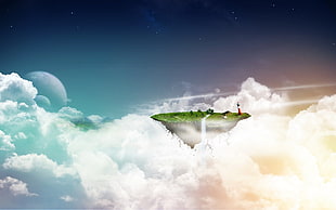 floating island on clouds wallpaper, clouds, landscape, sky, digital art