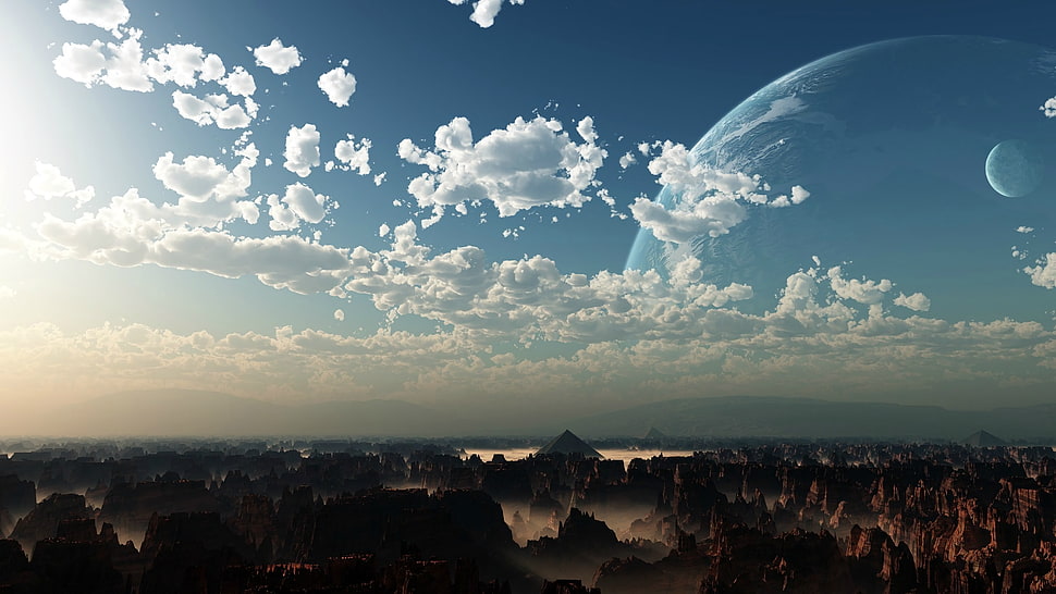 brown mountains, sky, canyon, planet, Moon HD wallpaper
