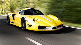 yellow race car, Ferrari, Ferrari Enzo, Ferrari FXX, car