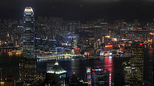 black concrete buildings with LED lights, Hong Kong, China, city, cityscape