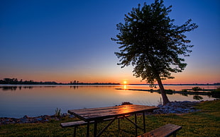 photo of rectangular brown picnic table near lake during sunset