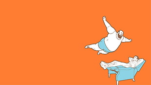 two men illustration, swan dive, diving, fatass, couch