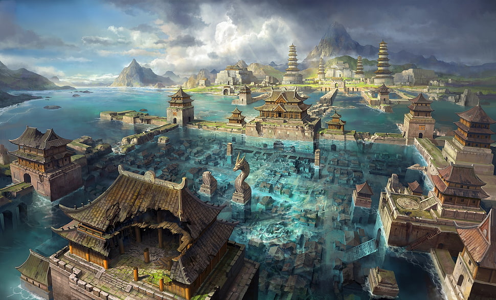 game application poster, artwork, Chinese architecture HD wallpaper