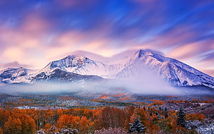 snow-covered mountain painting, landscape, morning, mountains, winter