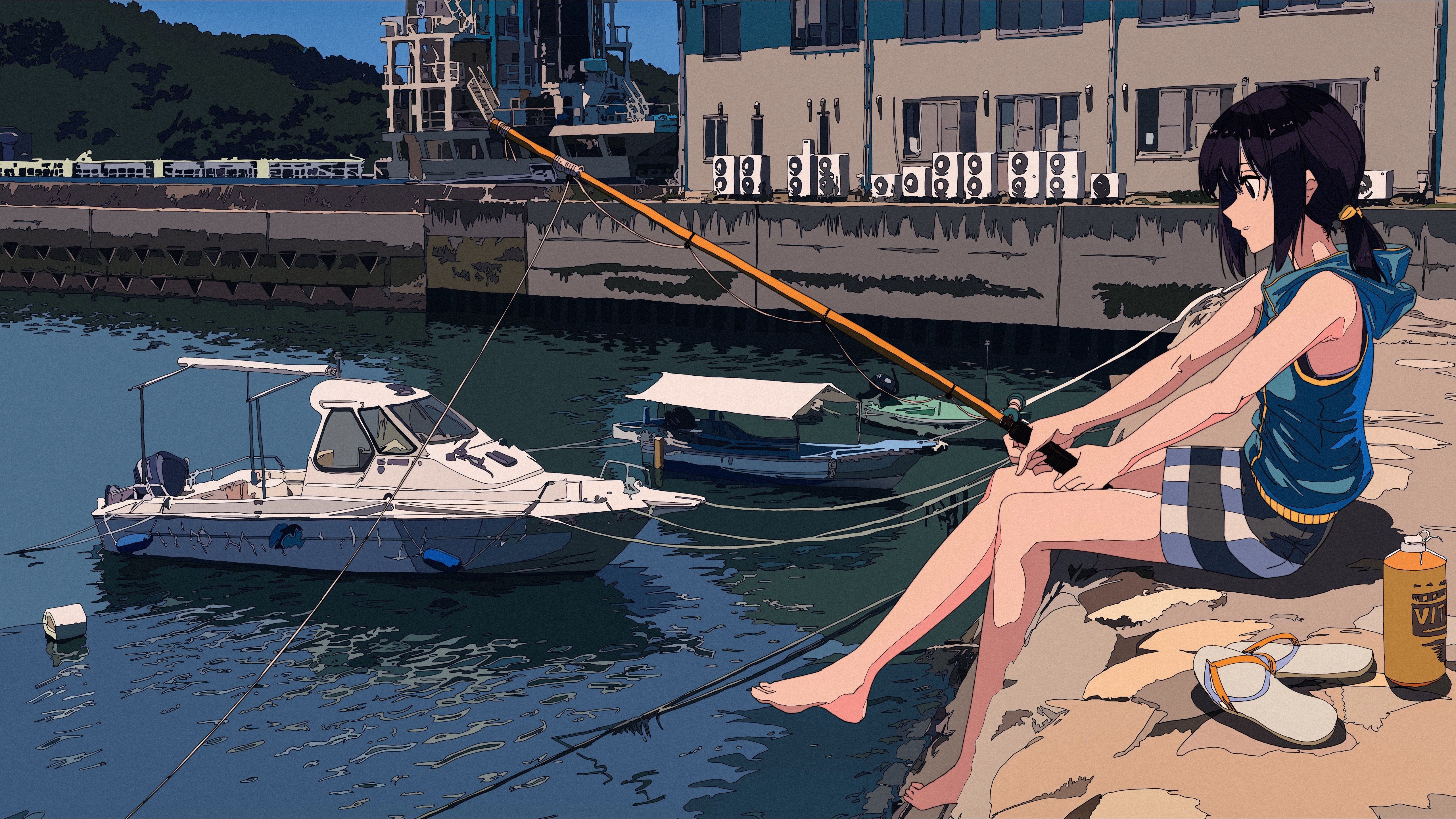 black haired female anime character illustration, fishing, barefoot, sea, b...